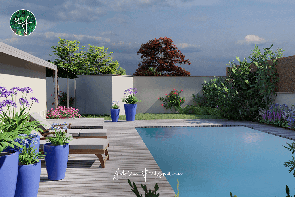 Vue 3D d'un aménagement paysager autour d'une piscine