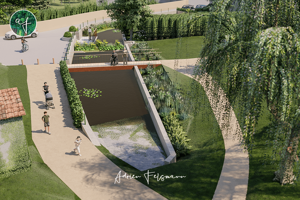 Vue 3D de l'aménagement du bassin du village d'Airoux