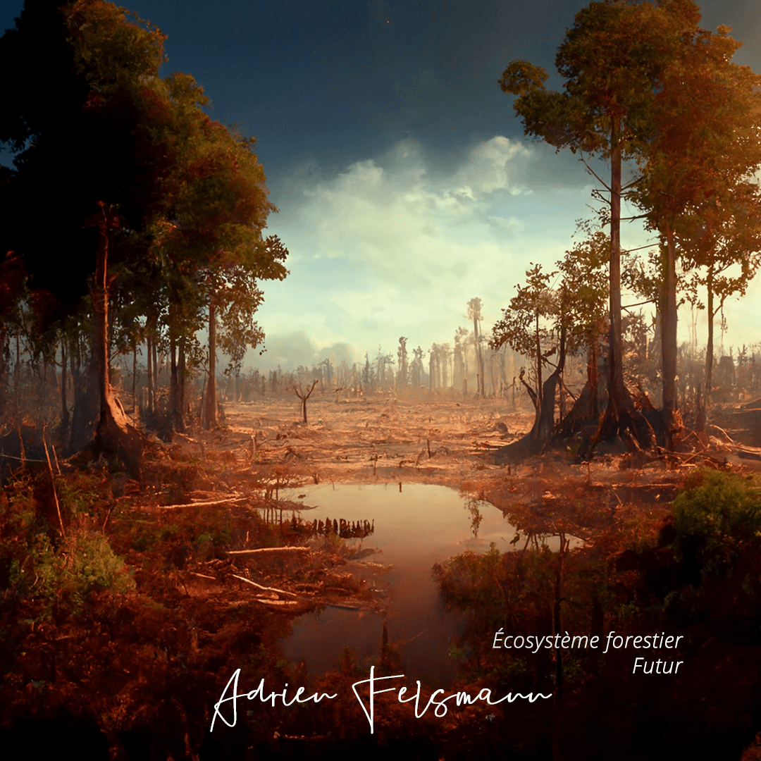 Écosystème forestier dans le futur généré par une intelligence artificielle