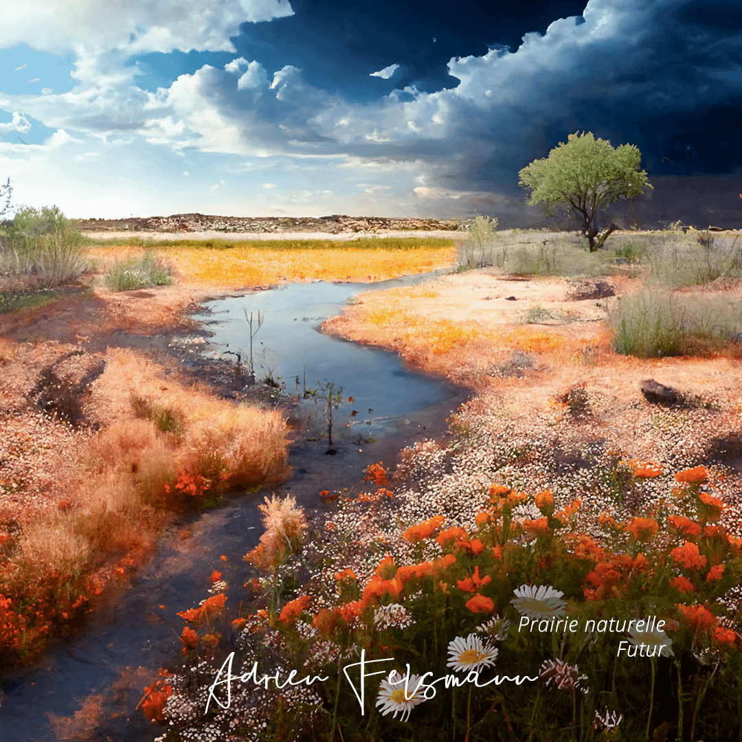 Prairie naturelle dans le futur créée par intelligence artificielle