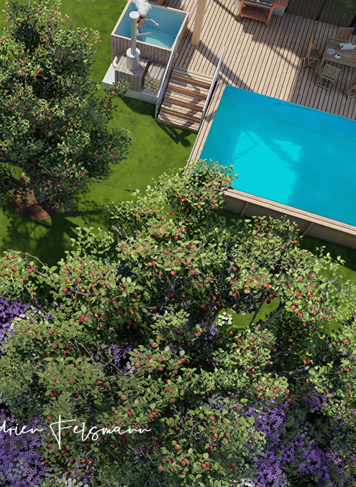 Jardin de particulier en 3D avec potager et verger