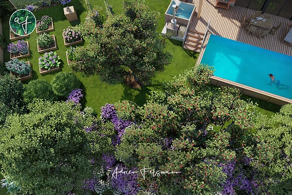 Jardin de particulier en 3D avec potager et verger